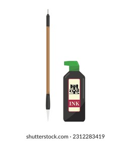 Calligraphy brush and black ink vector illustration on white background.Calligraphy tool is for writing, drawing. School, office supplies and stationery.