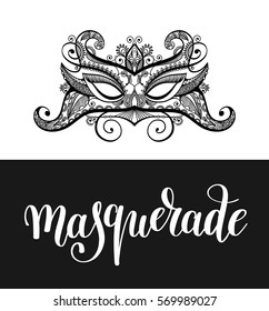 calligraphy brush lettering text design element and carnival mask for cards, banners, flyer print, vector illustration isolated on black and white