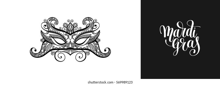 calligraphy brush lettering text design element and carnival mask for cards, banners, flyer print, vector illustration isolated on black and white