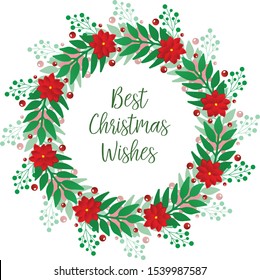 Calligraphy card best christmas wishes, with art of red flower frame beautiful. Vector