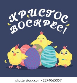 Calligraphy "Christ is Risen" on a dark background chickencoloring 
easter eggs