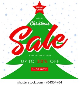 Calligraphy Christmas Sale and Happy New Year, spruce tree banner