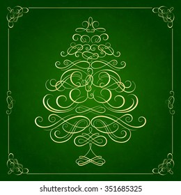 Calligraphy Christmas tree on green background. Vector illustration