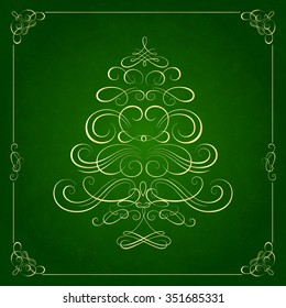 Calligraphy Christmas tree on green background. Vector illustration