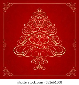 Calligraphy Christmas tree on red background. Vector illustration