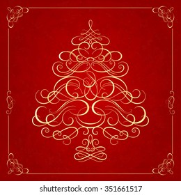 Calligraphy Christmas tree on red background. Vector illustration