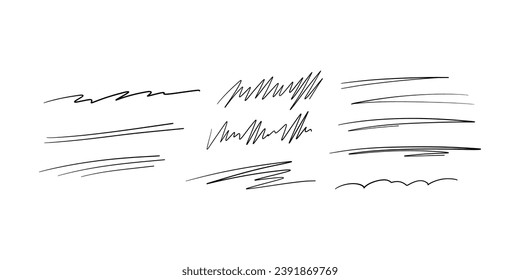 Calligraphy collection of wavy swooshes. Hand drawn swash, emphasis, line shape. Typographic extension simple stroke underline decoration for text, logo. Minimalist letter tail isolated elements.
