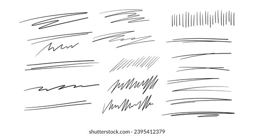 Calligraphy collection of wavy swooshes. Hand drawn swash, emphasis, line shape. Typographic extension simple stroke underline decoration for text, logo. Minimalist letter tail isolated elements.