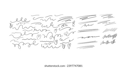 Calligraphy collection of wavy swooshes. Hand drawn swash, emphasis, line shape. Typographic extension simple stroke underline decoration for text, logo. Minimalist letter tail isolated elements.