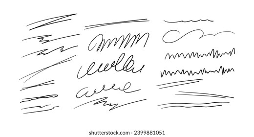 Calligraphy collection of wavy swooshes. Hand drawn swash, emphasis, line shape. Typographic extension simple stroke underline decoration for text, logo. Minimalist letter tail isolated elements.