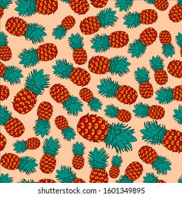 Calligraphy coloured pineapple vector pattern on pink background in different sizes of fruits for wrapping, textile, fabric, banner, branding