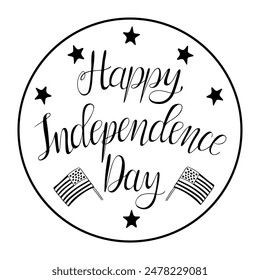 Calligraphy contour Happy Independence day lettering with stars and US flag. Black vector outline elements isolated on white background. Holiday composition for logo, banner, poster, sticker