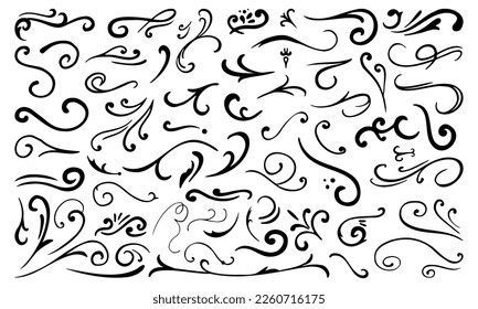 Calligraphy Curvy Line Floral Decoration. Hand drawn decorative curls and swirls. Flourish swirl ornate decoration for pointed pen ink calligraphy style.