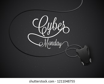 Caligrafía de Cyber Monday con ratón digital sobre fondo negro brillante.