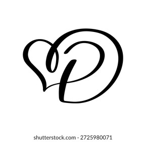 Letra D de caligrafía entrelazada, Vector formando un corazón en la parte superior. Representar el amor, la unión y la asociación en un diseño elegante