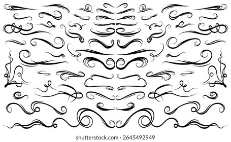 Calligraphy decorative swirl set. Elegant retro curves, pen strokes, vintage ornaments and monogram dividers. Filigree lines for wedding cards, invitations. Vector isolated elements.