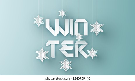 Calligraphy design for Winter with snowflake hanging down. Graphic design for Winter. paper cut and craft design. vector, illustration.