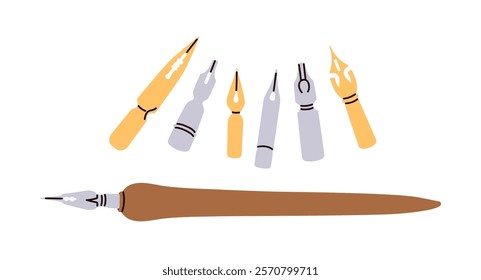 Calligraphy dip pen with metal nibs kit, set. Calligraphic and drawing art tools for handwriting, lettering. Vintage writing stationery supplies. Flat vector illustration isolated on white background