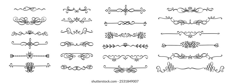 Divisores de caligrafia. Elementos decorativos ornamentais com floreios para títulos e títulos, elegantes quadros floreados vintage. Conjunto isolado do vetor.