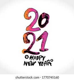 Calligraphy dry brush 2021 Happy New Year logo text design. Handwritten 2021 with wishes vector template. Brochure design template, card, poster, banner. Black symbol on a light background.
