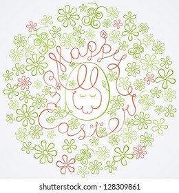 Calligraphy Easter background with stylized bunny, egg and flowers. Vector illustration.