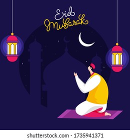 Calligraphy of Eid Mubarak Text with Muslim Man Offering Namaz (Prayer), Crescent Moon and Hanging Illuminated Lanterns on Purple Mosque Background.