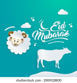 Caligrafía Eid Mubarak con Oveja Blanca y nube de vacas en el arte de papel