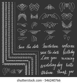 Calligraphy elements, borders, brushes, decorations and lettering. Vector set.