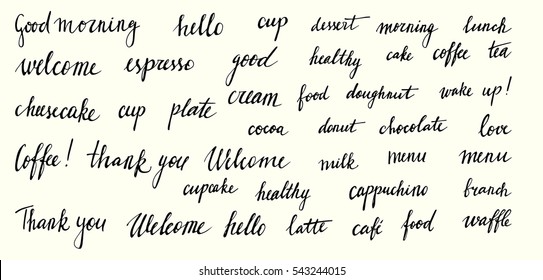 Calligraphy elements, food and cafe. Hand drawn vector set.