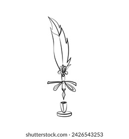 Calligraphy feather, decorative pen with stand, great card for any other type of design, birthday and other holiday. Tattoo, print and logo design. Isolated vector illustration.