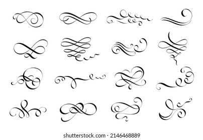 Calligraphy flourish. Letter swirl, pointed pen lettering ornaments and calligraphic lines vector set. Illustration of calligraphy swirl, flourish invitation