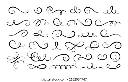 Calligraphy flourish swirls. Decorative filigree and ornamental hand design. Modern flourishes isolated swashes, cursive separator swirl racy vector set