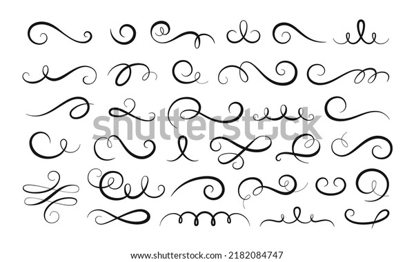 Calligraphy flourish swirls. Decorative\
filigree and ornamental hand design. Modern flourishes isolated\
swashes, cursive separator swirl racy vector\
set