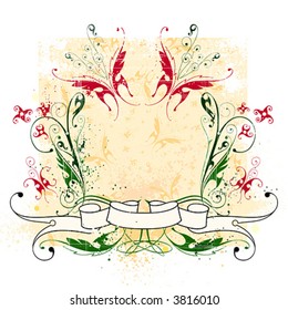 calligraphy flowers  ornament, butterflies  & ribbon on grunge background
