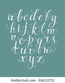 Calligraphy font. Vector handwritten classic cursive script. White letters isolated on blue background.