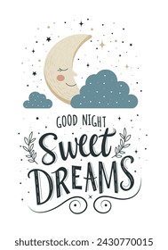 Calligraphy good night and sweet dreams, poster or card template with hand drawn lettering. Month sleeping on clouds with stars. Great for printing cards, posters, pillows. Vector vintage illustration