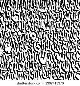 Calligraphy graffiti background vector. Expressive modern gothic mural art background. Grunge wallpaper, print design, abstract decoration. Black letters illustration isolated on white background