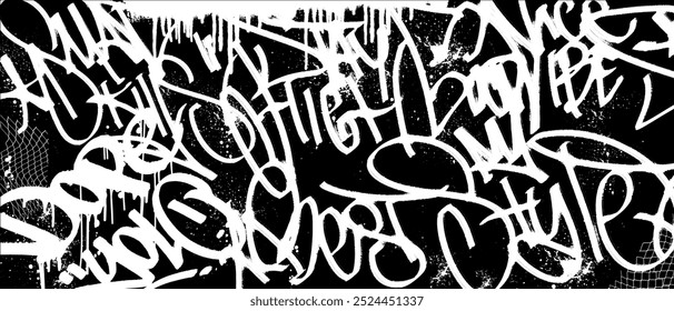 Plano de fundo de grafite caligráfico. Graffiti arte gráfica vetorial com splatter, marcação gotas efeito com um efeito escovado