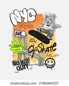 calligraphy graffiti style with bear doll skateboarder vector illustration