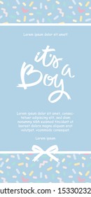 Calligraphy greeting card template, Its a boy. baby shower or baby birth lettering card. Vintage pastel pattern with sprinkles