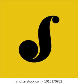 Calligraphy, hand drawn letter logo J on bright yellow background, vector monogram for branding.