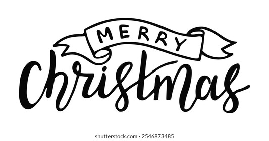 Calligraphy hand drawn merry Christmas lettering design featuring a ribbon with festive holiday spirit.