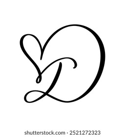 Calligraphy hand drawn vector love letter D. Vintage heart monogram. Script capital font logo. Handwritten brush style. element Valentine flourish. sign for page decoration design illustration