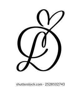 Calligraphy hand drawn vector love letter D. Vintage heart monogram. Script capital font logo. Handwritten brush style. element Valentine flourish. sign for page decoration design illustration