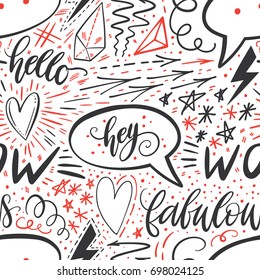 Calligraphy hand lettering seamless pattern. Positive signs, star, heart, speech bubbles, geometric forms. Perfect for print, textile, t-shirts, phone cases. Modern surface design. Vector illustration