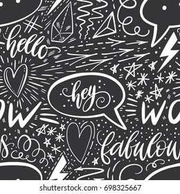 Calligraphy hand lettering seamless pattern. Positive signs, star, heart, speech bubbles, geometric forms. Perfect for print, textile, t-shirts, phone cases. Modern surface design. Vector illustration