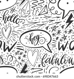 Calligraphy hand lettering seamless pattern. Positive signs, star, heart, speech bubbles, geometric forms. Perfect for print, textile, t-shirts, phone cases. Modern surface design. Vector illustration