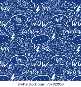 Calligraphy hand lettering seamless pattern. Positive signs, star, heart, speech bubbles, geometric forms. Perfect for print, textile, t-shirts, phone cases. Modern surface design. Vector illustration
