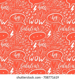 Calligraphy hand lettering seamless pattern. Positive signs, star, heart, speech bubbles, geometric forms. Perfect for print, textile, t-shirts, phone cases. Modern surface design. Vector illustration