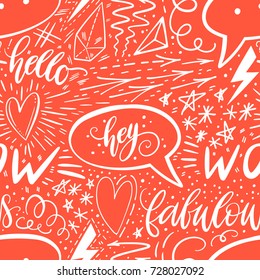 Calligraphy hand lettering seamless pattern. Positive signs, star, heart, speech bubbles, geometric forms. Perfect for print, textile, t-shirts, phone cases. Modern surface design. Vector illustration